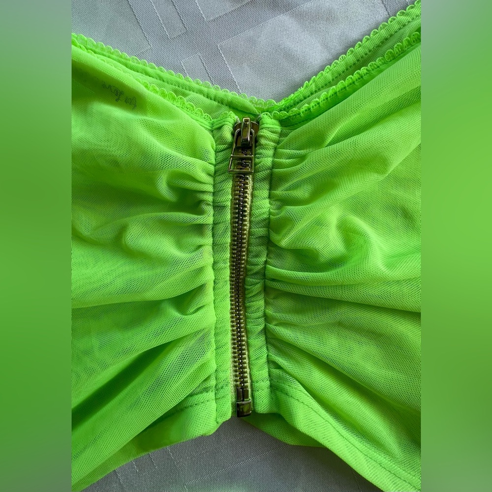 For Love & Lemons Sheer Mesh Puff Sleeve Crop Zipper Back Ties Bright Neon Lime - Picture 8 of 9